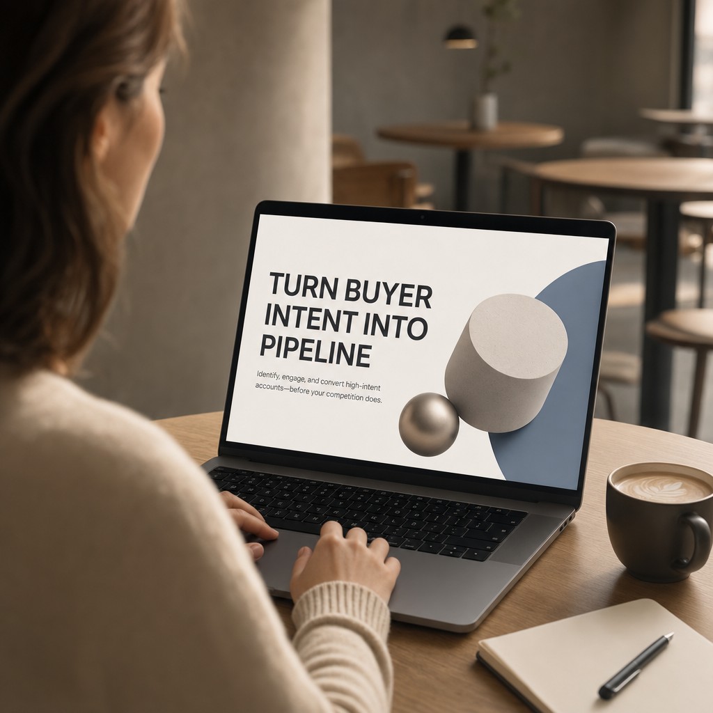 Laptop showing buyer intent content on screen in a cafe workspace