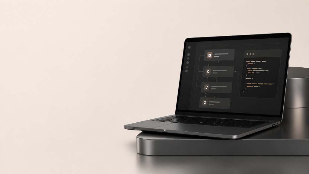 3D laptop showing workflow and code interfaces