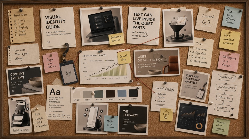 Content strategy mood board with brand pillars, funnel, and planning notes