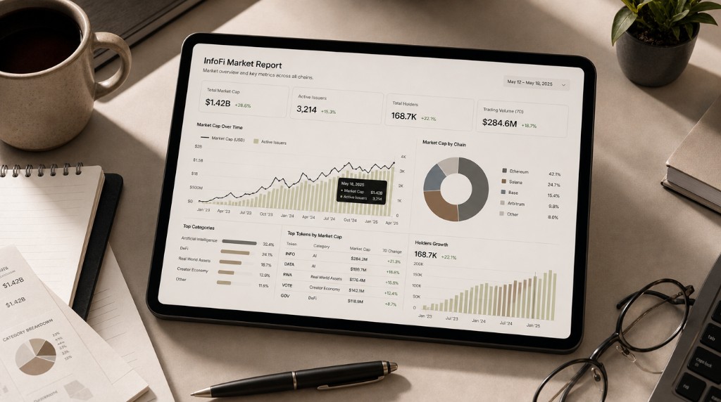Market report dashboard on a tablet with charts and metrics